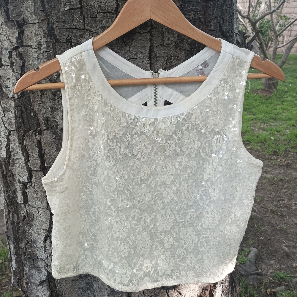 Cream Sequin Crop Tank Top
